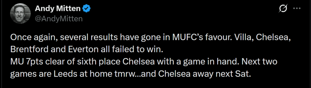 [Andy Mitten] Once again, several results have gone in MUFC’s favour. Villa, Chelsea, Brentford and Everton all failed to win. 
MU 7pts clear of sixth place Chelsea with a game in hand. Next two games are Leeds at home tmrw…and Chelsea away next Sat.