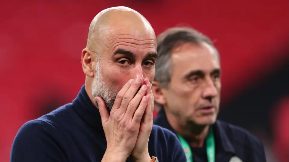 Pep Guardiola manager of Manchester City with Manel Estiarte head of player support during the Carabao Cup Final match Arsenal and between Manchester City