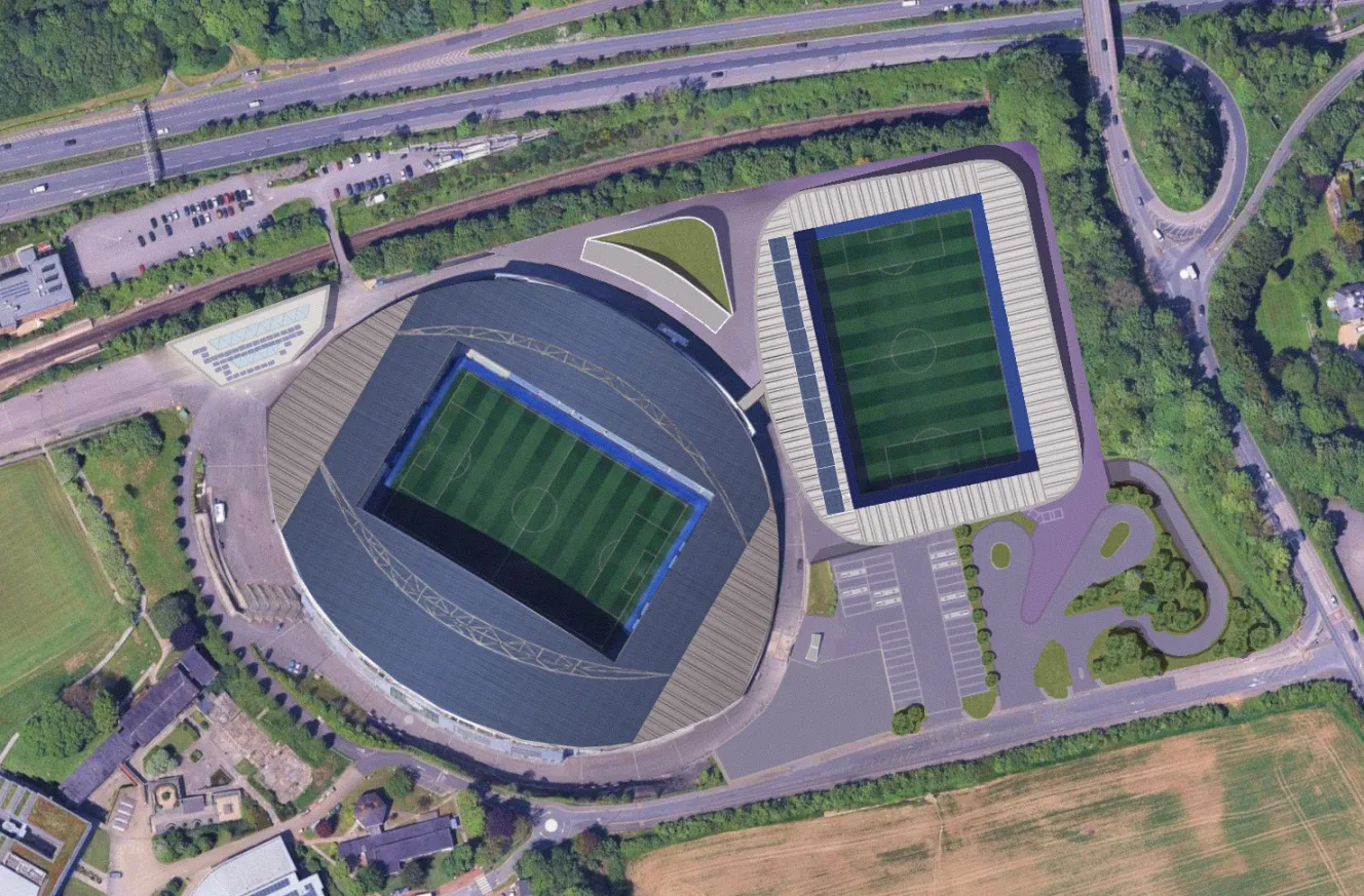 Illustration of the proposed Brighton FC women's team stadium next to the current AMEX stadium.