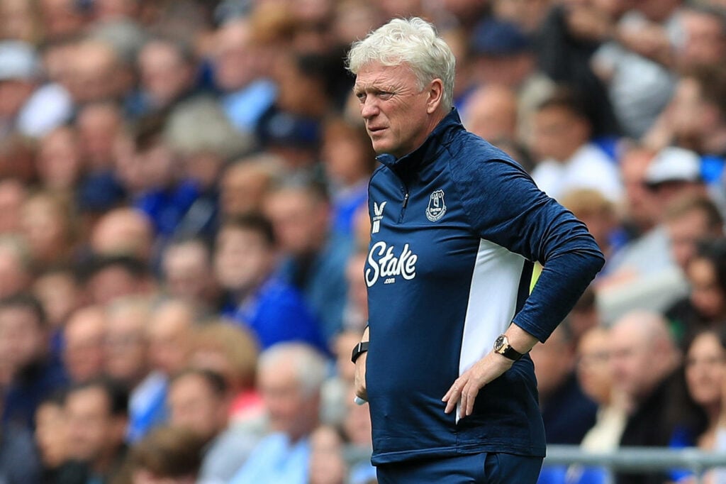 David Moyes with his hands on his hips on the Hill Dickinson Stadium touchline