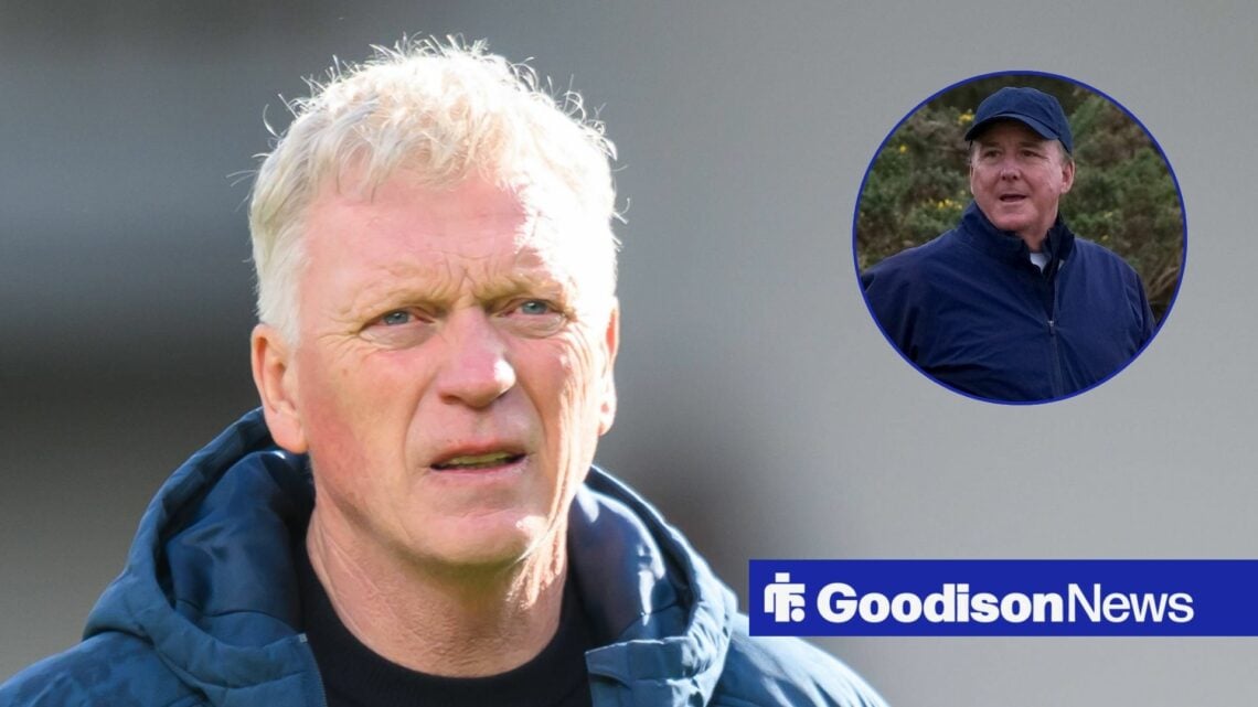 David Moyes looking towards a circular frame inset of Dan Friedkin
