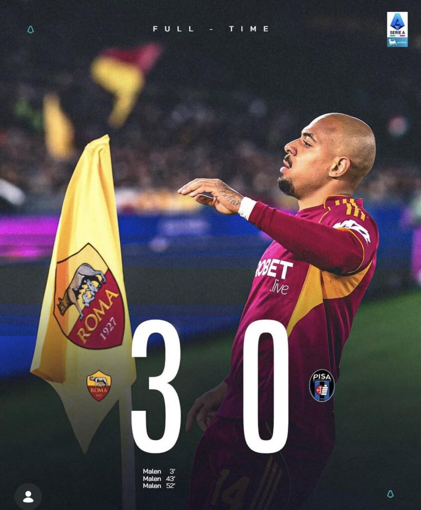 Roma back to winning ways thanks to Malen’s hat-trick against Pisa.