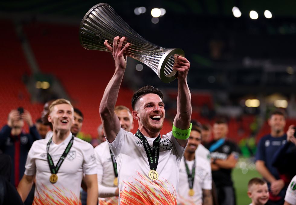 Declan Rice lifts UEFA Europa Conference League trophy
