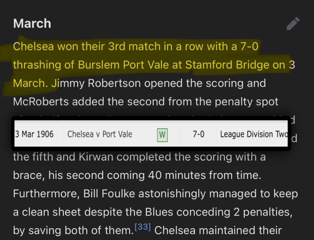 Chelsea beat Port Vale 7-0 one hundred years ago (1906)