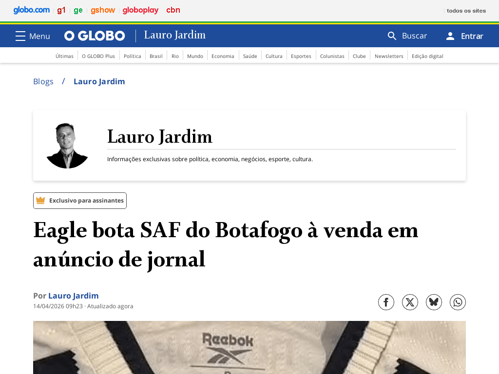Eagle bota SAF do Botafogo à venda em anúncio de jornal