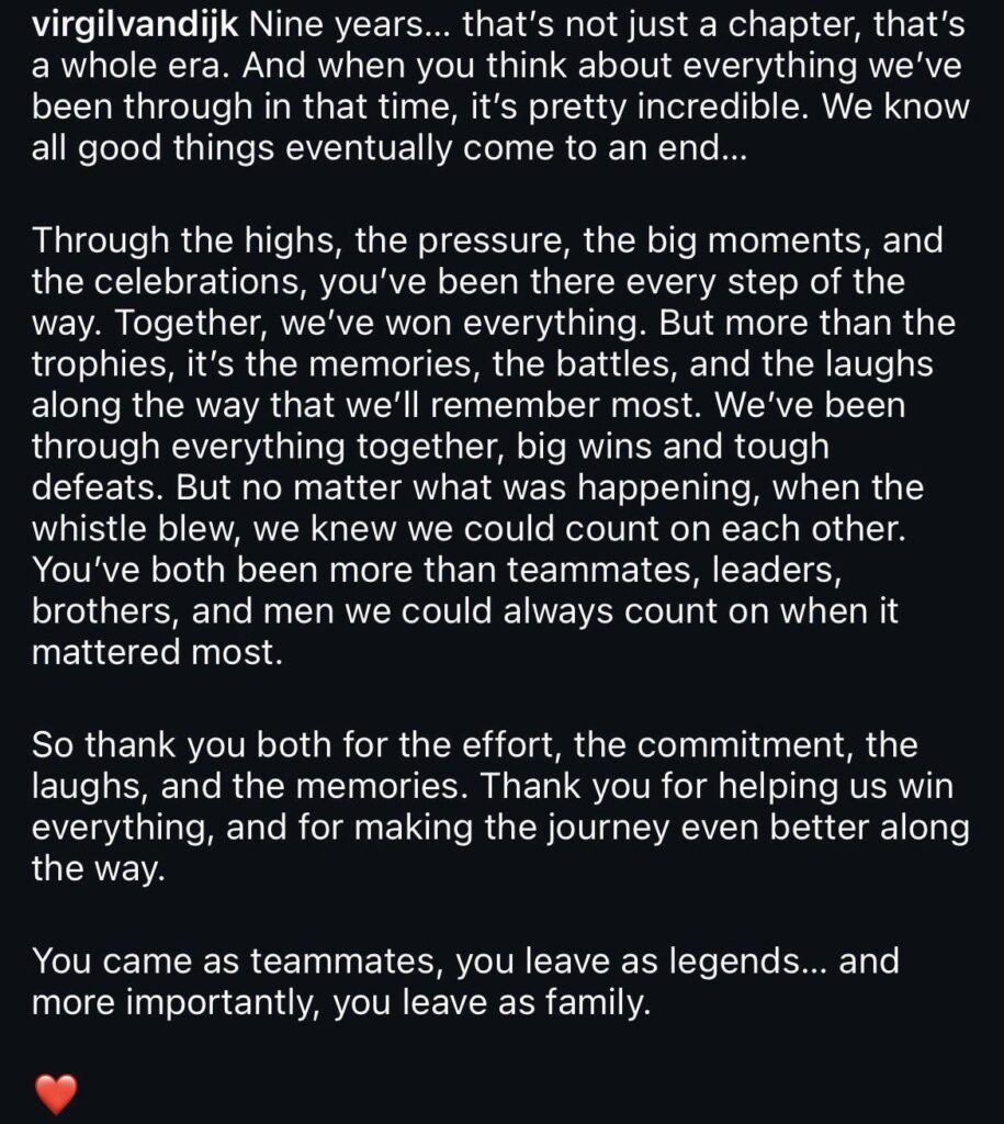 Virgil Van Dijk’s message to Robbo and Salah on Instagram.