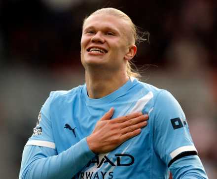 Erling Haaland celebrates after scoring a goal for Manchester City