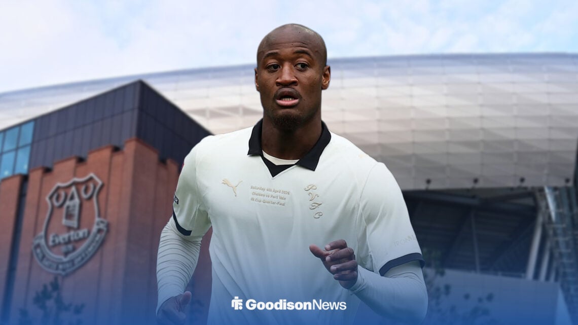 Everton loanee Martin Sherif playing in his Port Vale kit, outside Goodison News.