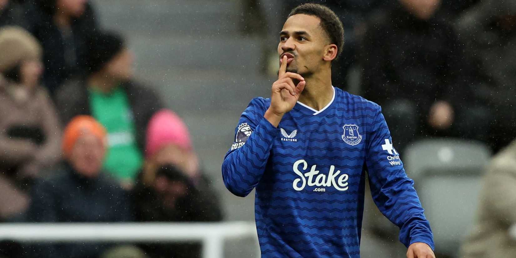 Everton's Iliman Ndiaye celebrates Thierno Barry scoring their third goal 