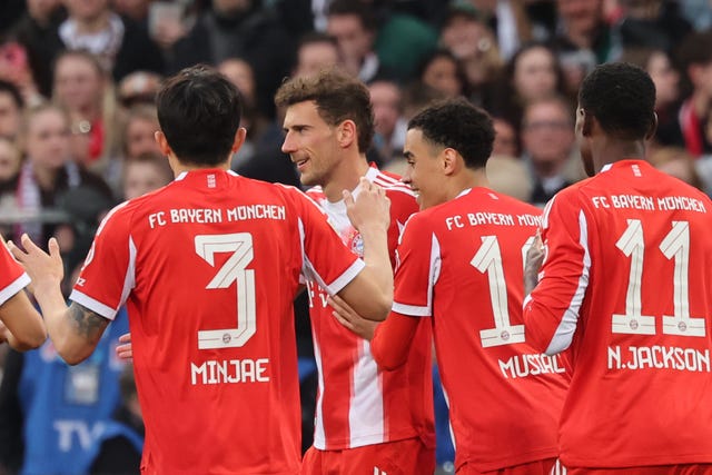 Bayern Munich’s Leon Goretzka (second from left) celebrates with team-mates after scoring his side’s second goal against St Pauli