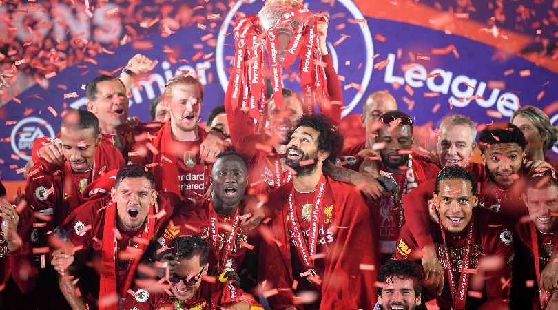 Liverpool celebrating their 2019/20 Premier League title win
