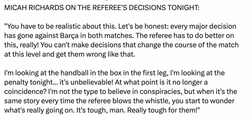 Micah Richard's on the referee decisions in both legs of quarter-finals.