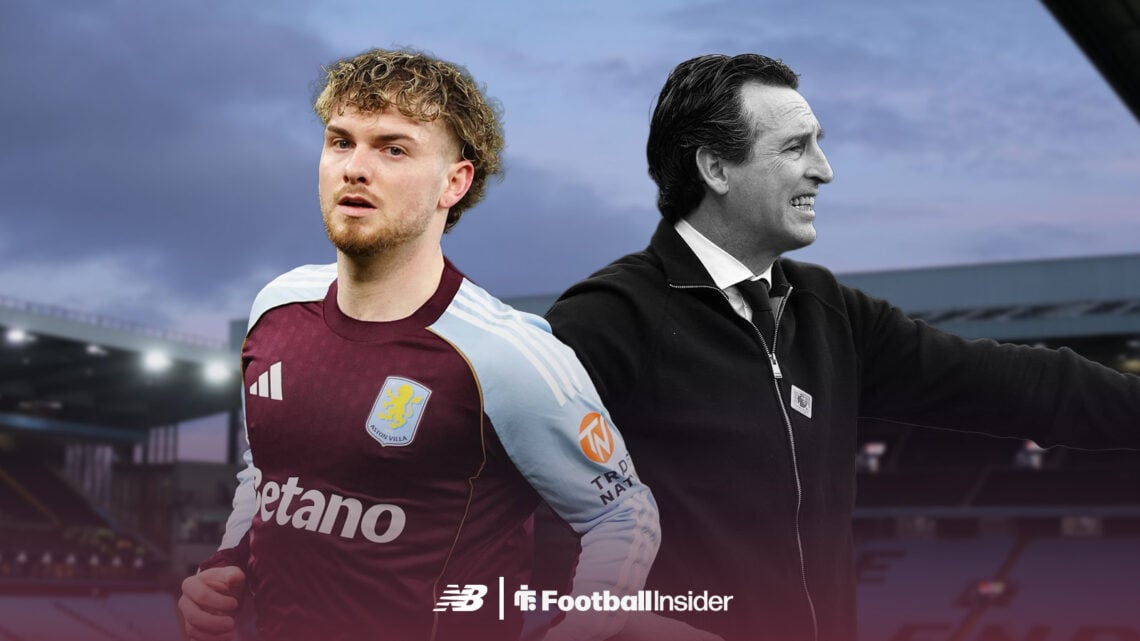 Aston Villa midfielder Harvey Elliott with a black and white Unai Emery