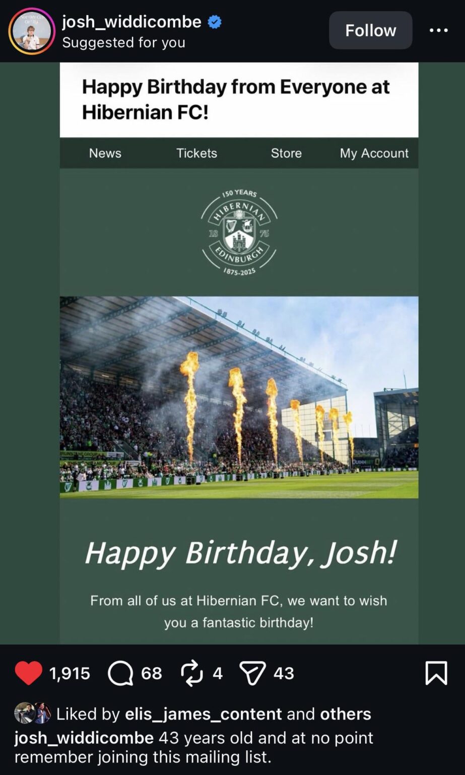 Hibs wish comedian Josh Widdicombe a Happy Birthday