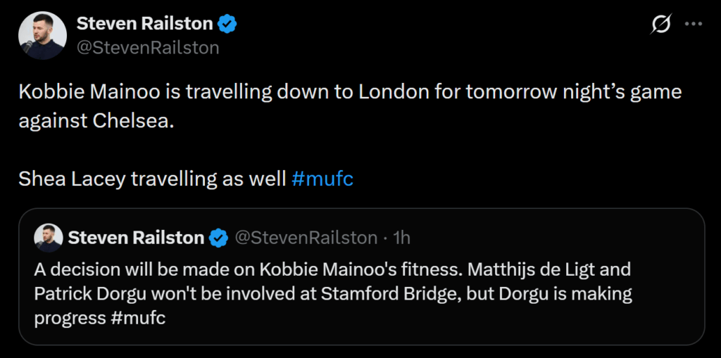 [Steven Railston] Kobbie Mainoo is travelling down to London for tomorrow night’s game against Chelsea. Shea Lacey travelling as well