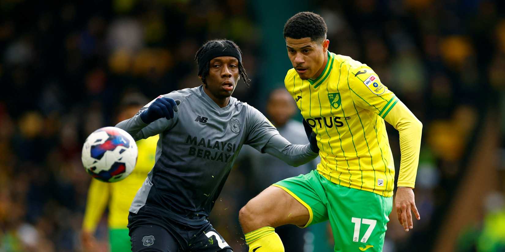 Norwich City midfielder Gabriel Sara preparing to control the ball against Cardiff City