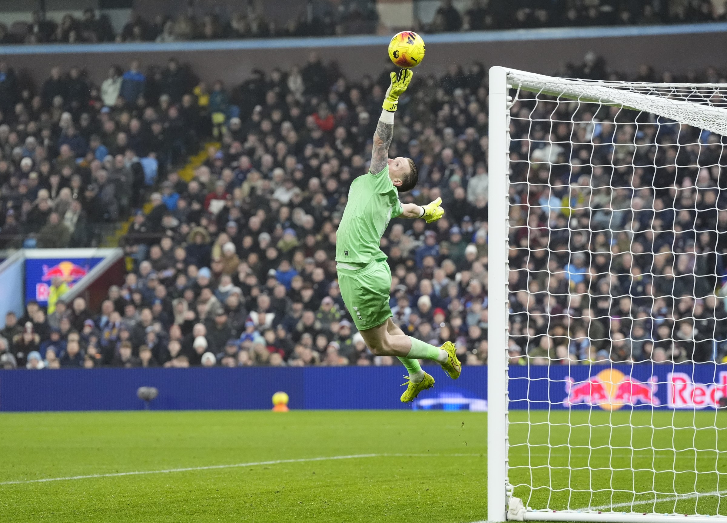Everton goalkeeper Jordan Pickford makes a save from a shot from Aston Villa’s Morgan Rogers (not pictured) during the Premier League match at Villa Park, Birmingham. Picture date: Sunday January 18, 2026. (Photo by Nick Potts/PA Images via Getty Images)