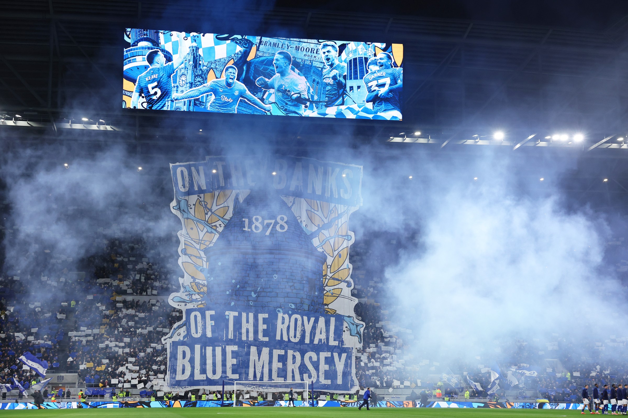 LIVERPOOL, ENGLAND - DECEMBER 20: Everton fans display a TIFO during the Premier League match between Everton and Arsenal at Hill Dickinson Stadium on December 20, 2025 in Liverpool, England. (Photo by Alex Livesey/Getty Images)