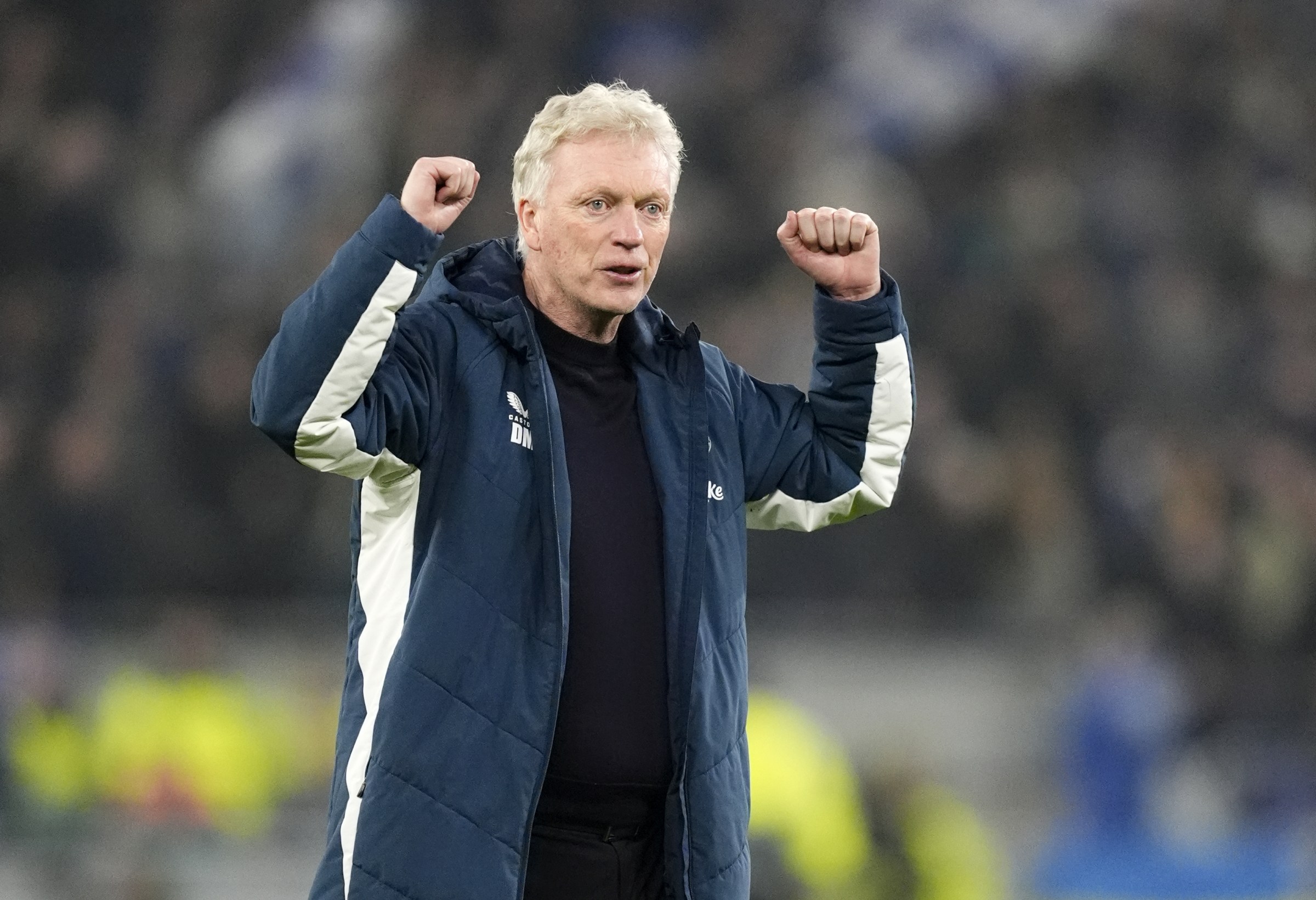 Everton manager David Moyes celebrates on the pitch after the Premier League match at Hill Dickinson Stadium, Liverpool. Picture date: Saturday March 21, 2026. (Photo by Nick Potts/PA Images via Getty Images)