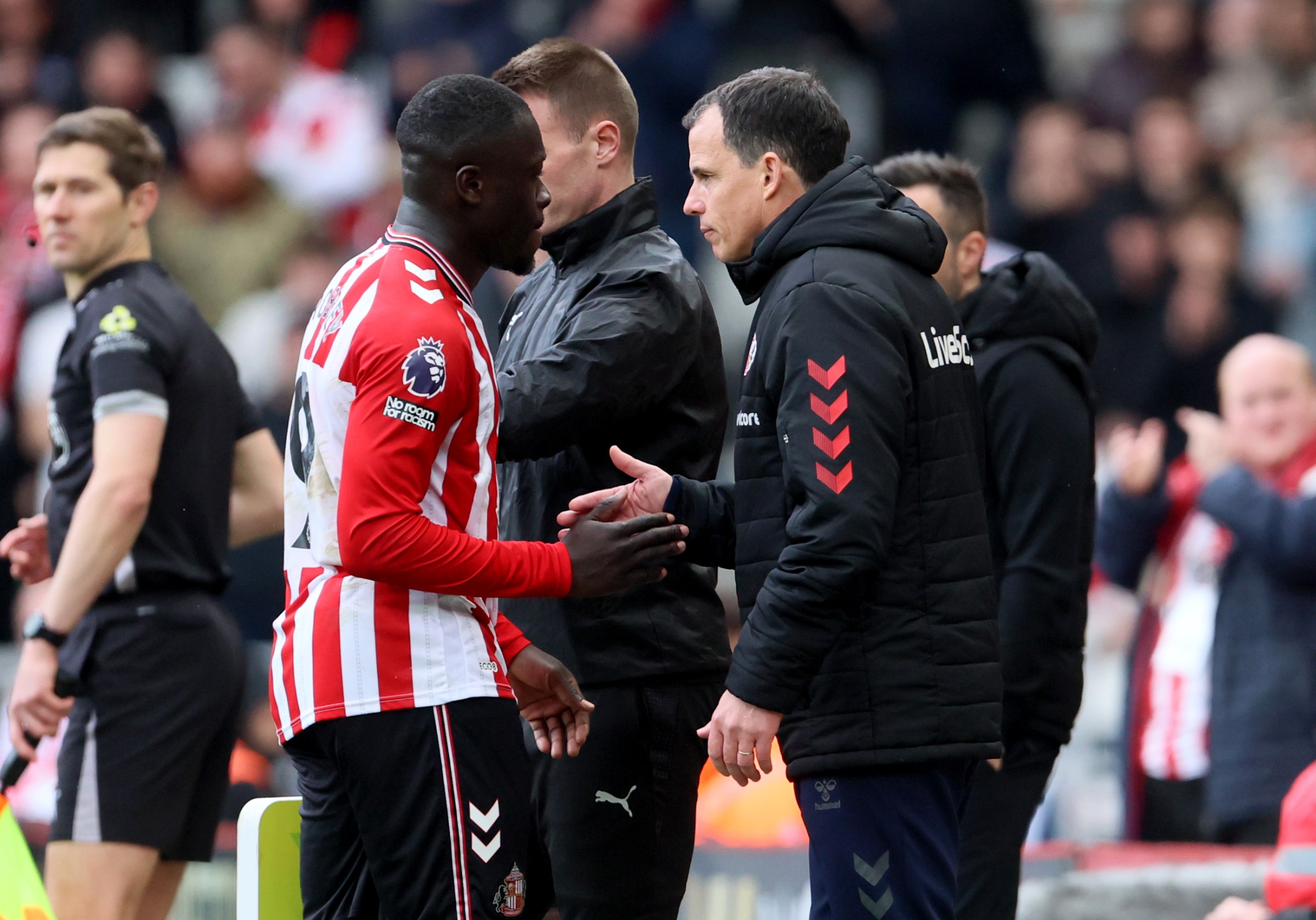 Sunderland manager Regis Le Bris (right) congratulates Brian Brobbey as he is substituted during the Premier League match at the Stadium of Light, Sunderland. Picture date: Sunday April 12, 2026. (Photo by Richard Sellers/PA Images via Getty Images)