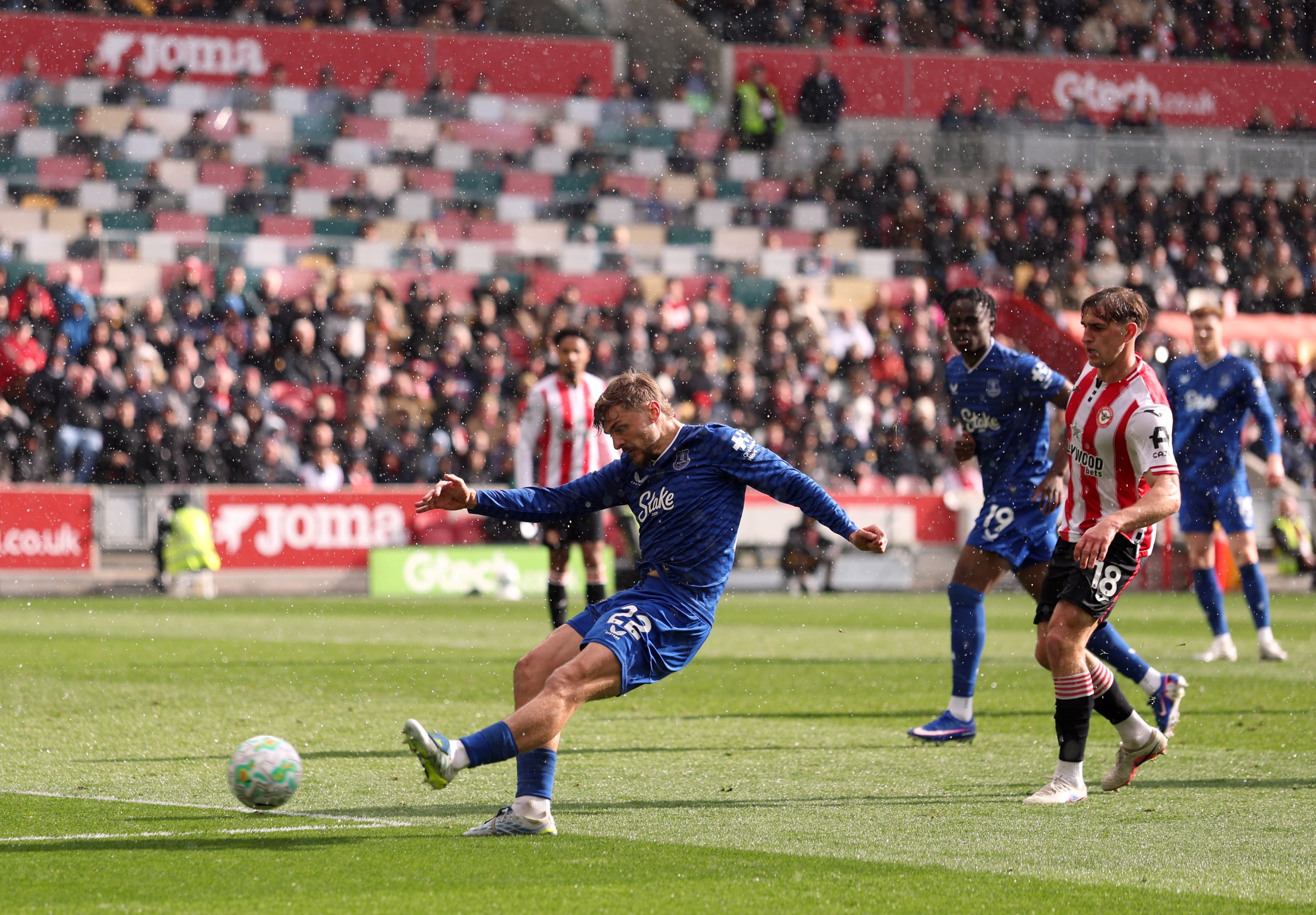 Kiernan Dewsbury-Hall of Everton scores his team’s second goal at the death. (Getty Images)