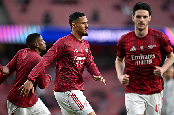 William Saliba, Declan Rice warming up for Arsenal