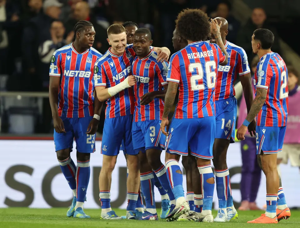 Tyrick Mitchell of Crystal Palace goal celebration with Adam Wharton of Crystal Palace after scoring a goal to put Crystal Palace 2-0 ahead during the UEFA Conference league Quarter Final 1st Leg match between Crystal Palace FC v ACF Fiorentina