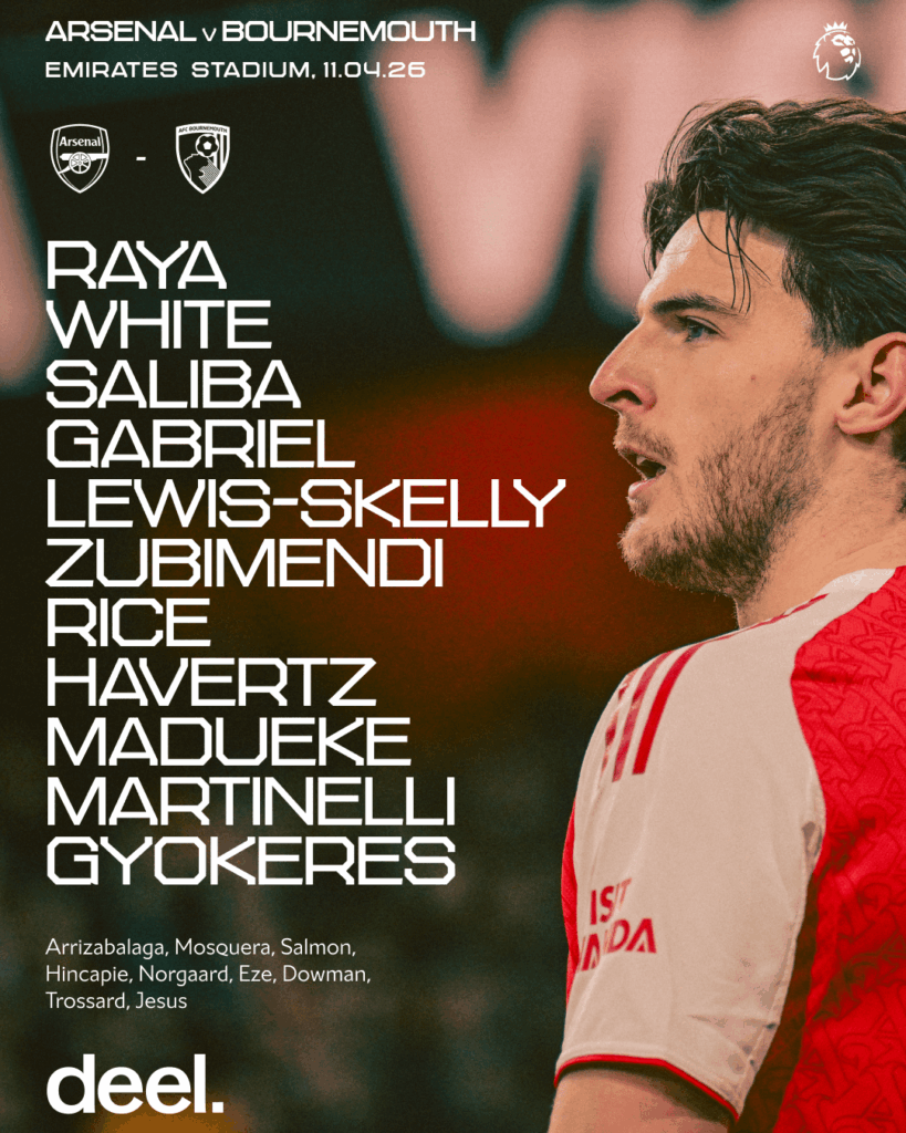 Starting XI to face Bournemouth in the Premier League: Raya; White, Saliba, Gabriel, Lewis-Skelly; Zubimendi, Rice, Havertz, Madueke, Martinelli; Gyokeres 💪