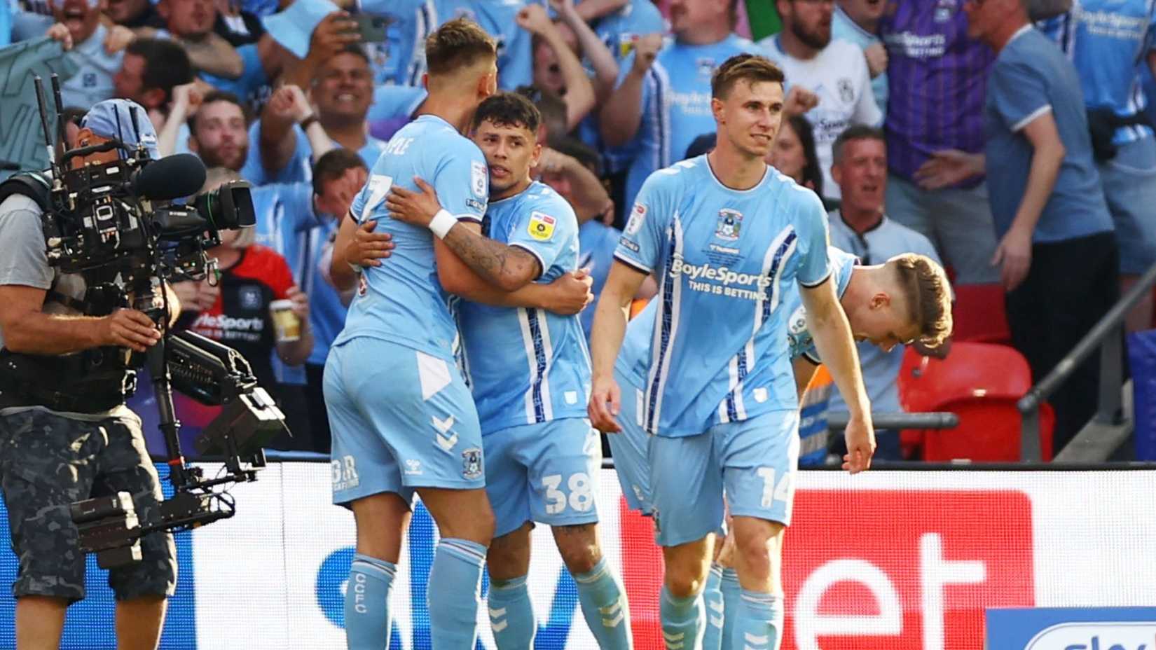 Gus Hamer scores for Coventry City in the Championship play-off final