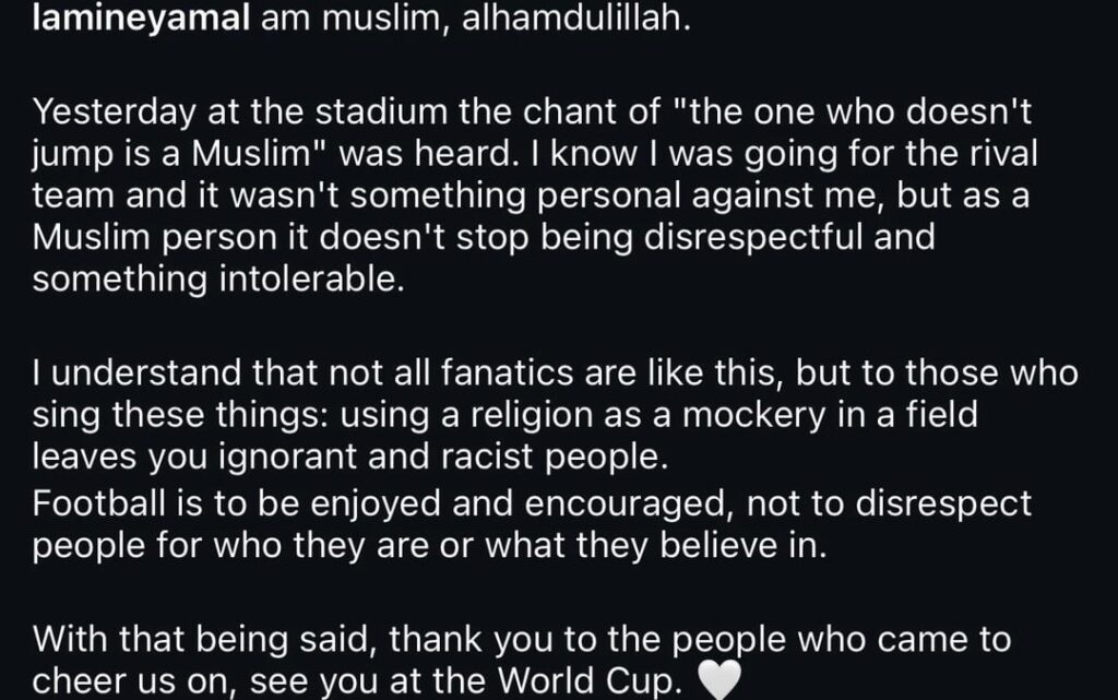 Lamine Yamal statement on IG after racist chants in Spain vs Egypt match