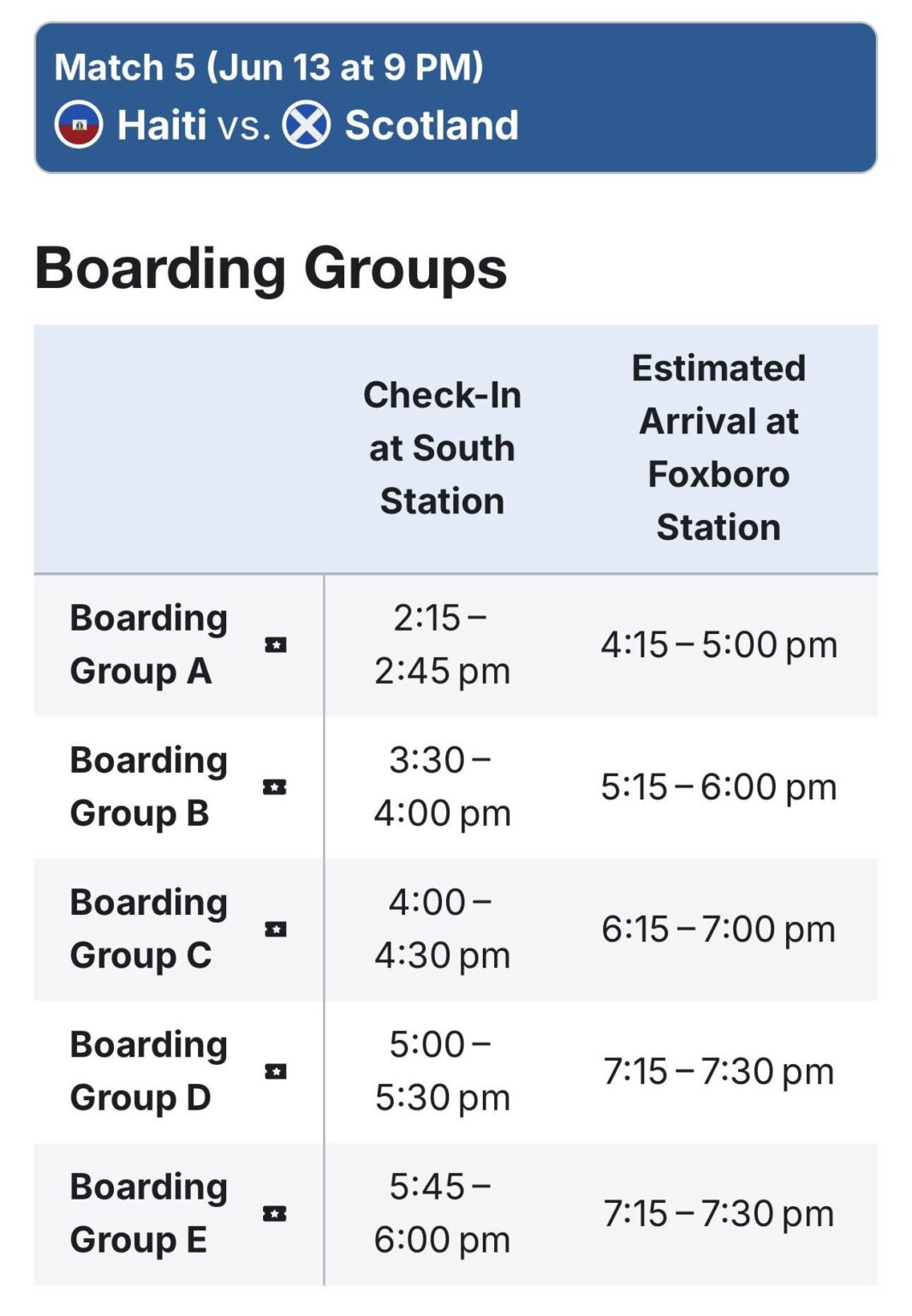 Scotland v. Haiti Train Times