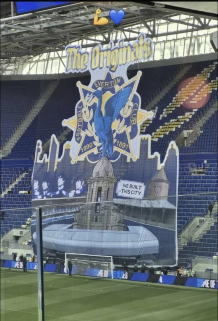 Pictures have leaked of Everton’s tifo ahead of the Merseyside Derby.Featuring a blue Liverbird and they have photoshopped the Beatles’ scarves from red to blue…