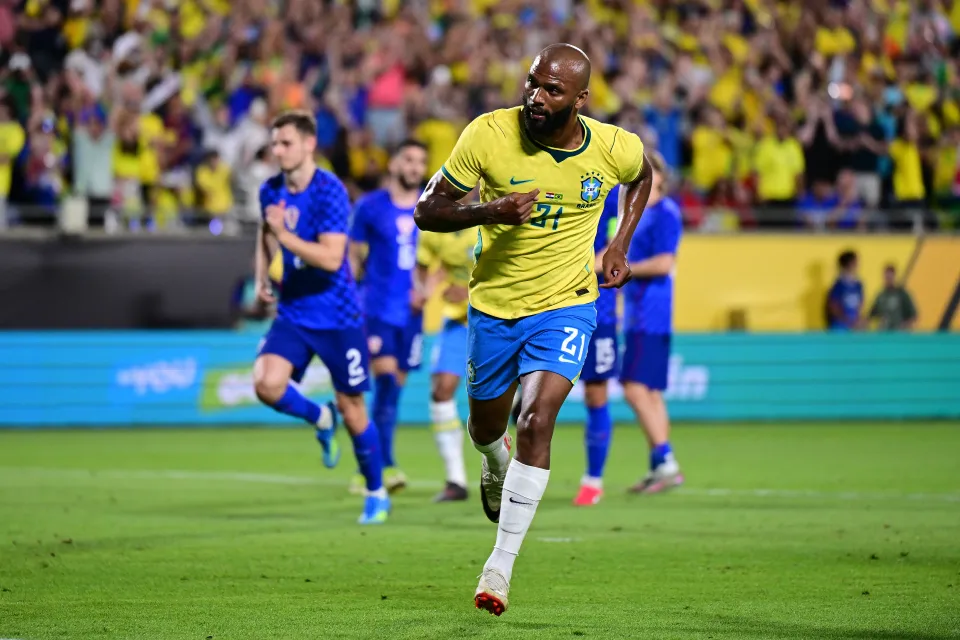 Igor Thiago of Brazil celebrates after scoring his team's second goal during the international friendly match between Brazil and Croatia