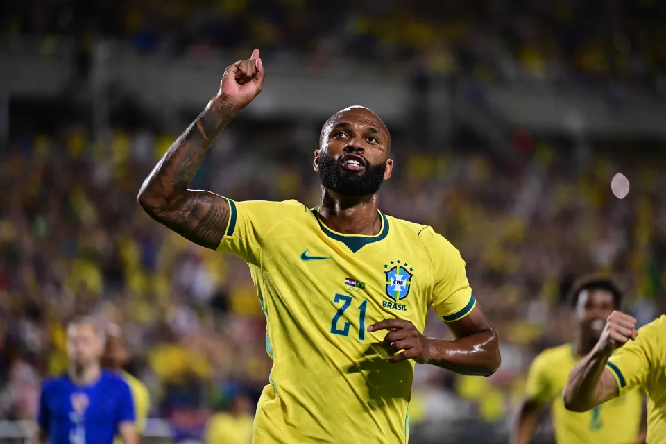 Igor Thiago of Brazil celebrates after scoring his team's second goal during the international friendly match between Brazil and Croatia