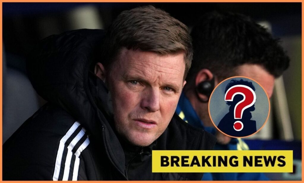 Eddie Howe with breaking news and mystery man overlay