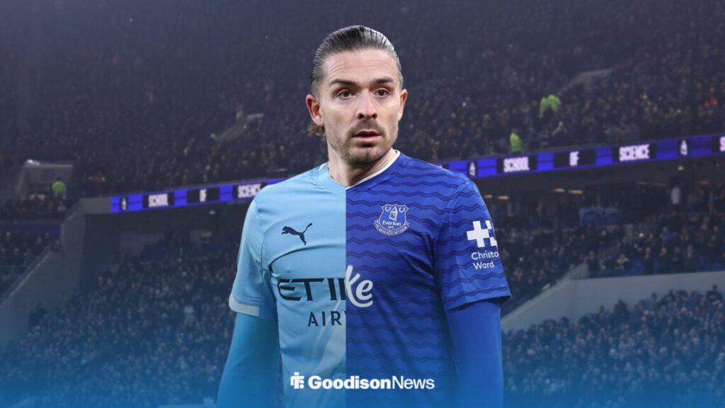 Jack Grealish in a half-and-half Everton and Manchester City shirt