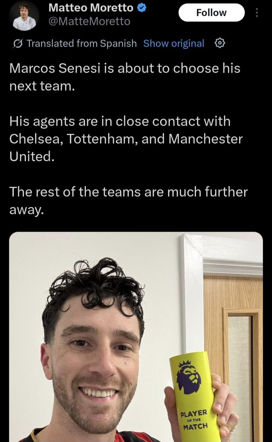 Marcos Senesi is about to choose his next team.
His agents are in close contact with Chelsea, Tottenham, and Manchester United.
The rest of the teams are much further away (Matteo Moretto)