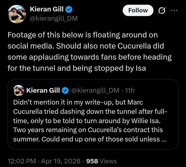 [Kieran Gill] Marc Cucurella tried dashing down the tunnel after full-time, only to be told to turn around by Willie Isa. Should also note Cucurella did some applauding towards fans before heading for the tunnel and being stopped by Isa.