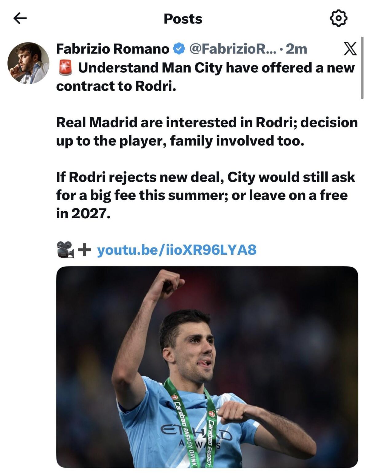 Source-[ Fabrizio Romano ] Man City offer Rodri new contract but Real Madrid are interested — could leave for free in 2027 if he rejects