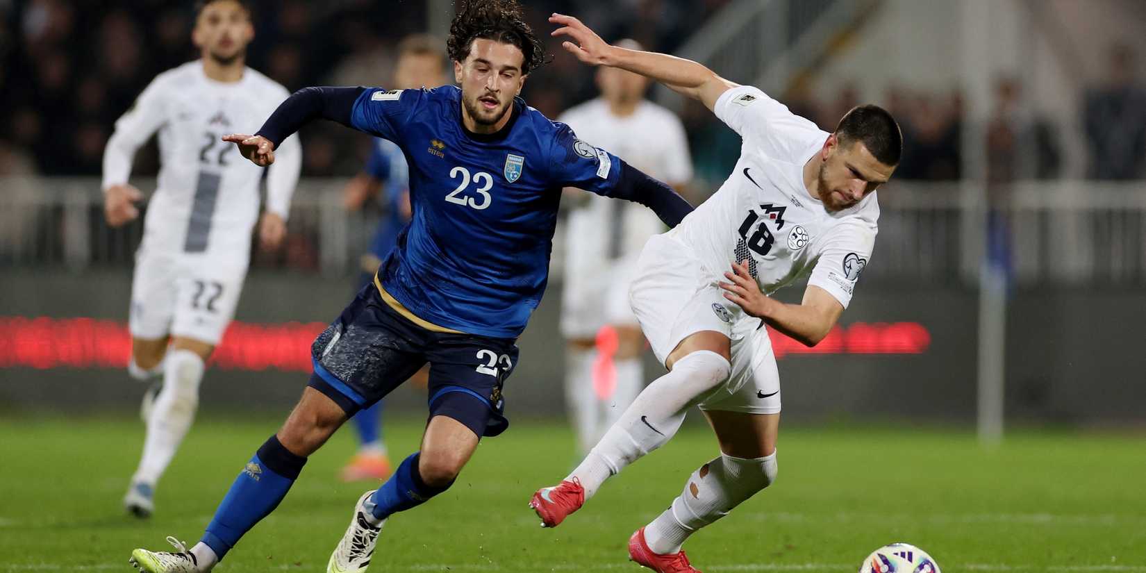 Kosovo's Leon Avdullahu in action with Slovenia's Zan Vipotnik