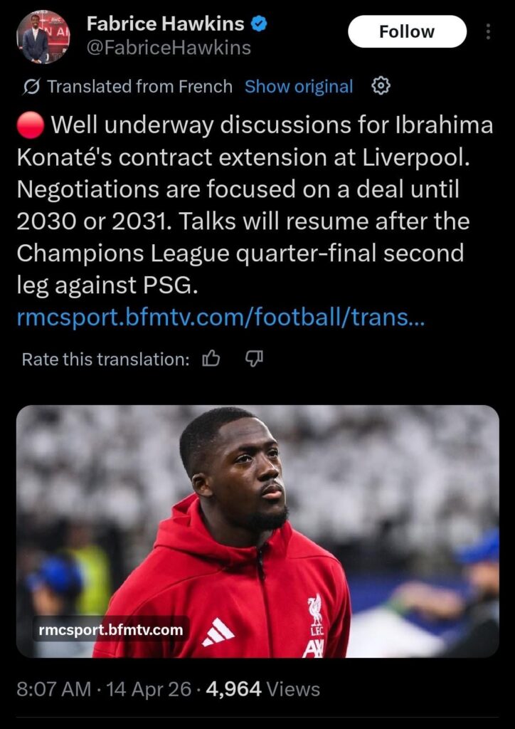 [Fabrice Hawkins] Well-advanced talks for Ibrahima Konaté’s contract extension at Liverpool. Negotiations focus on a deal running until 2030 or 2031. Discussions will resume after the Champions League quarter-final second leg vs PSG.