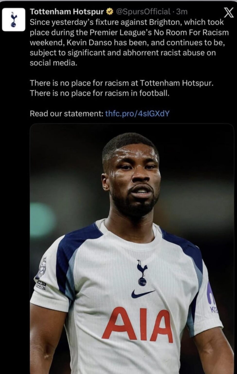 Anyone who showed Kevin Danso racism genuinely deserve relegation. Unacceptable.