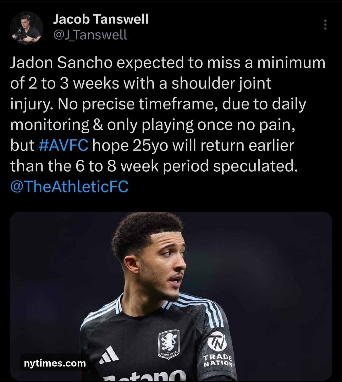 Sancho out for min 2-3 weeks but also maybe 6-8 weeks