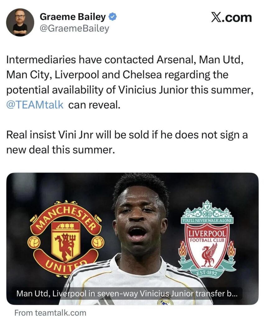 Intermediaries have contacted Arsenal, Man Utd, Man City, Liverpool and Chelsea regarding the potential availability of Vinicius Junior this summer, @TEAMtalk can reveal.