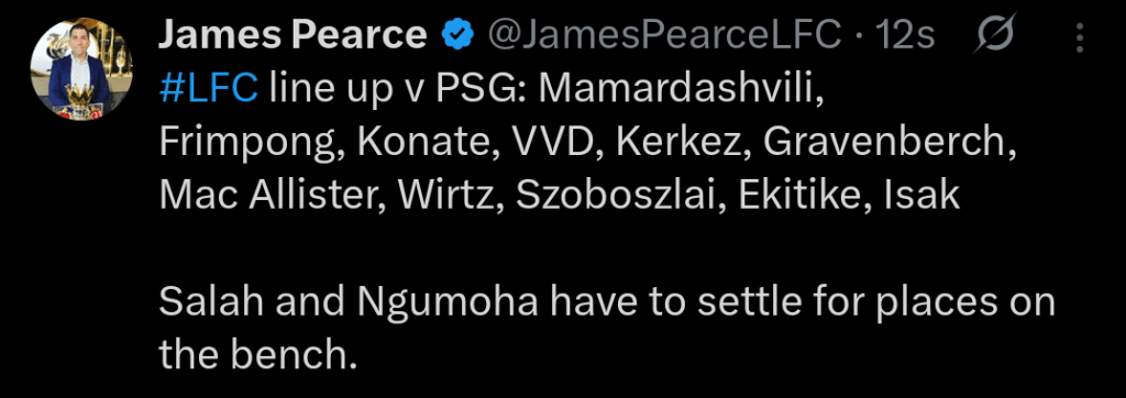 Starting lineup today against PSG - Mamardashvili, Frimpong, Konate, VVD, Kerkez, Gravenberch, Mac Allister, Wirtz, Szoboszlai, Ekitike, Isak