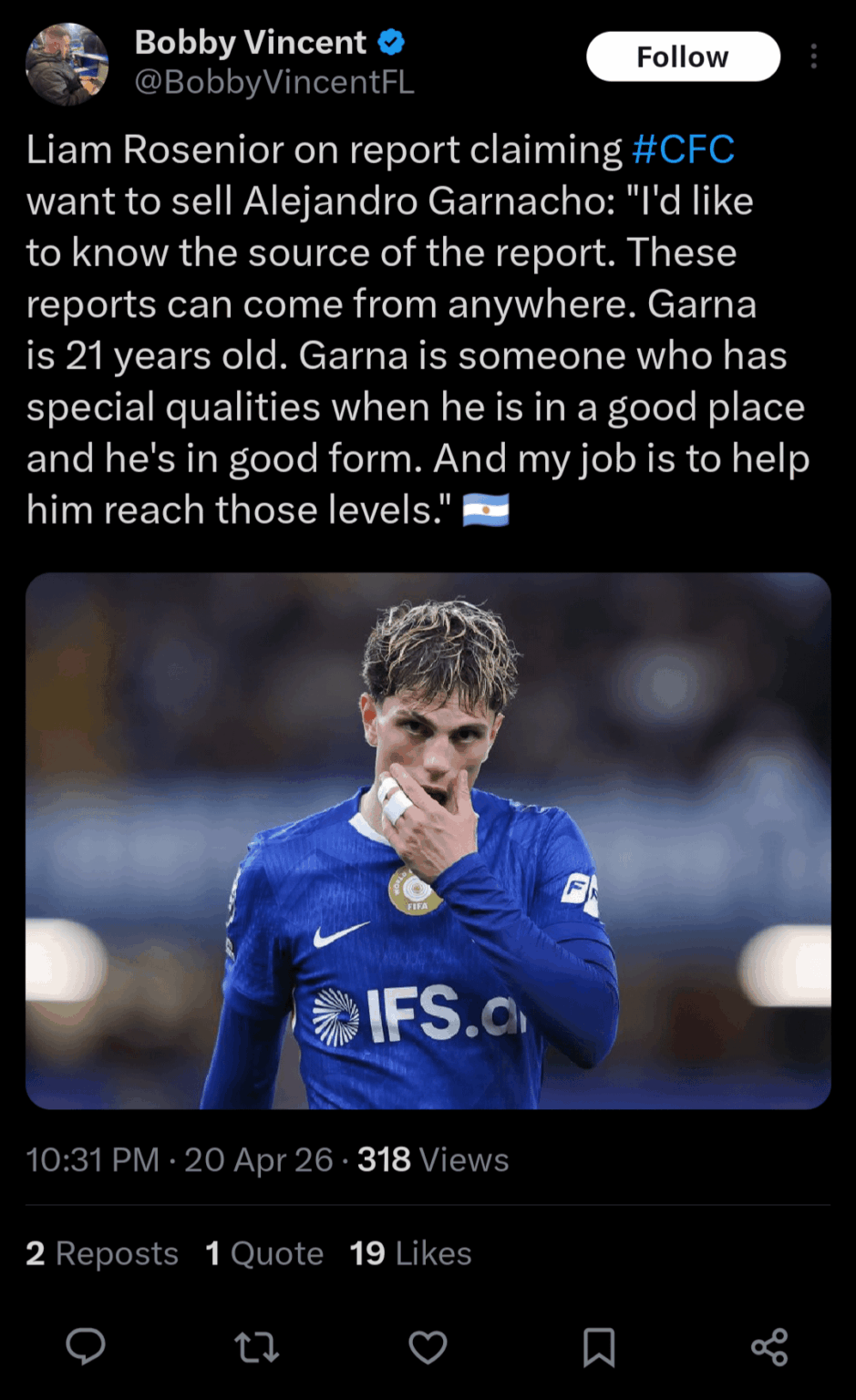 [Bobby Vincent] Liam Rosenior on report claiming #CFC want to sell Alejandro Garnacho: "I'd like to know the source of the report. These reports can come from anywhere. Garna is 21 years old. Garna is someone who has special qualities when he is in a good place and he's in good form."