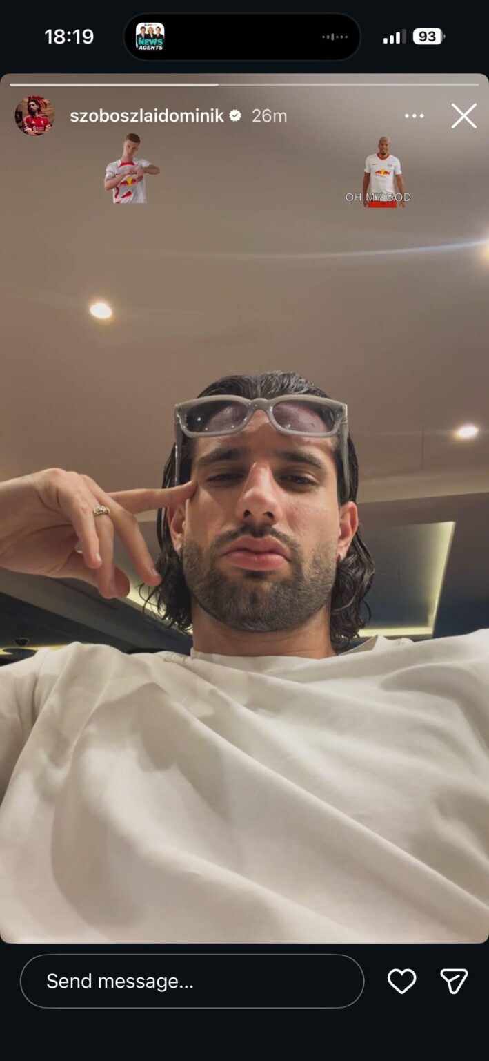 Szobo IG Post - a RB Leipzig player tapping his watch while another says oh my god