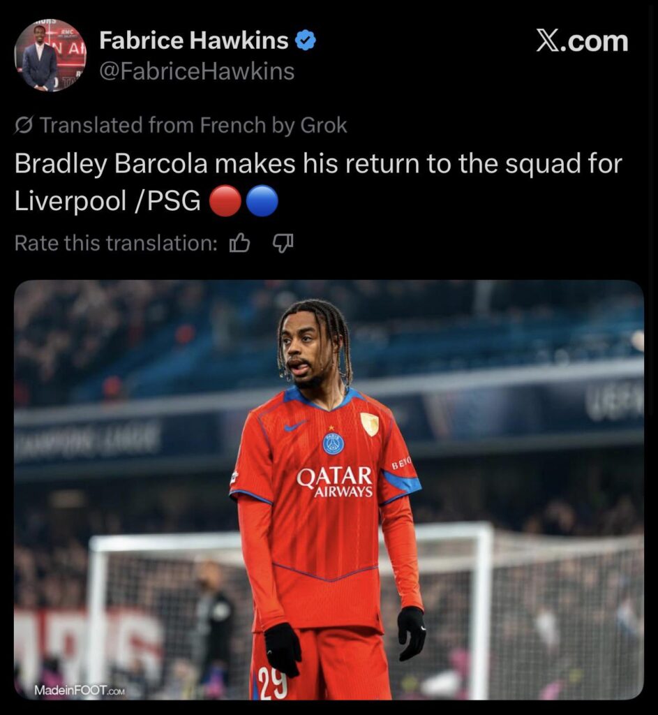 [Fabrice Hawkins]Bradley Barcola makes his return to the squad for Liverpool /PSG 🔴🔵