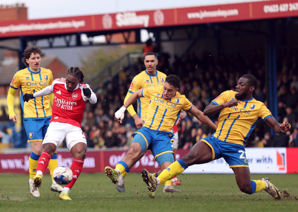 MANSFIELD, ENGLAND - MARCH 07: Eberechi Eze of Arsenal scores his team's second goal during the Emirates FA Cup Fifth Round match between Mansfield Town and Arsenal at One Call Stadium on March 07, 2026 in Mansfield, England. (Photo by Julian Finney/Getty Images)