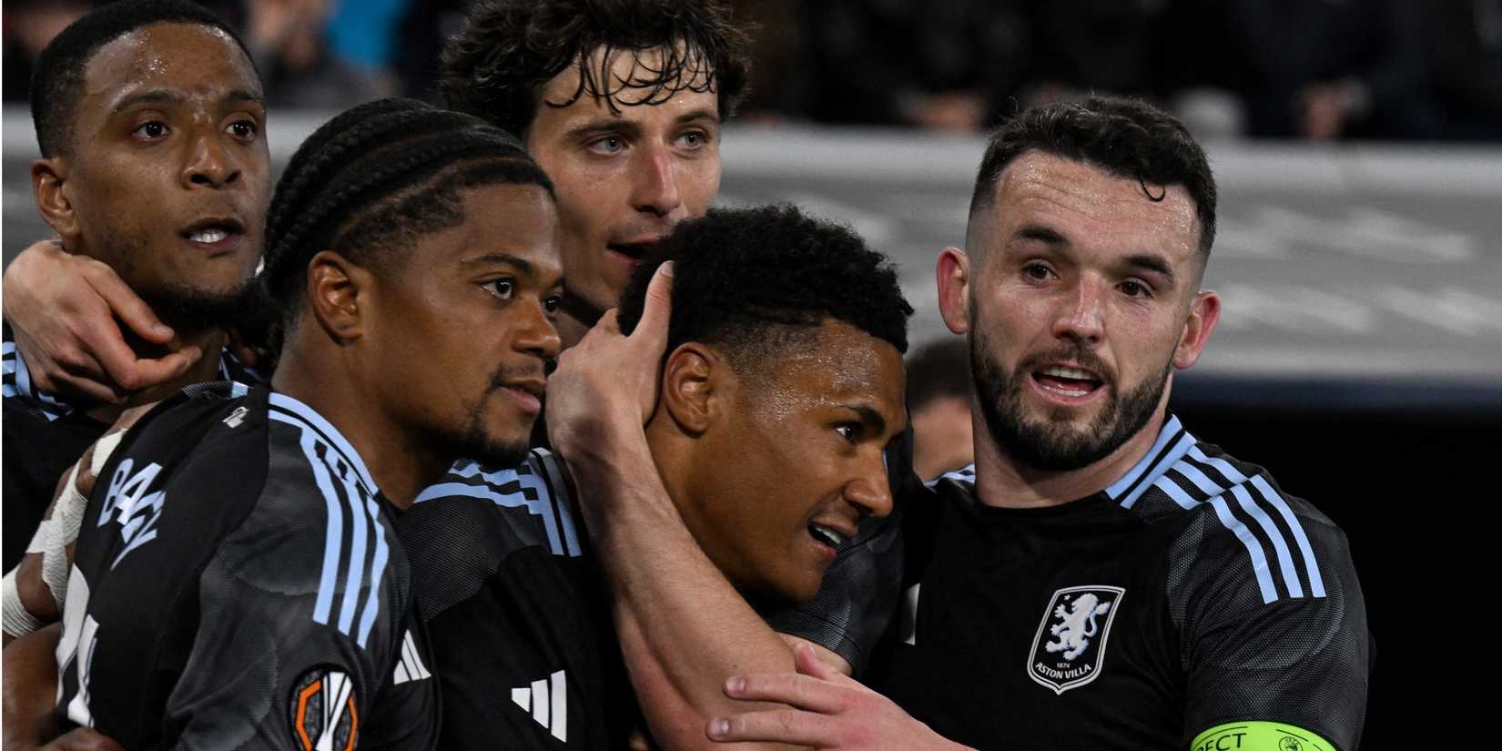 Aston Villa celebrate scoring against Bologna